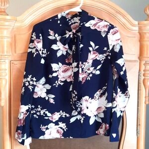 Long sleeve floral tie neck blouse